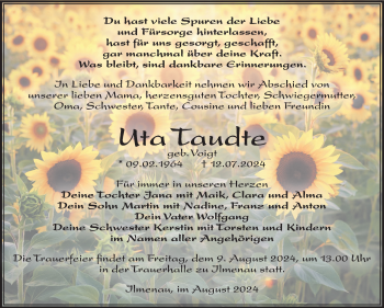 Traueranzeige von Uta Taudte von Südthüringer Presse