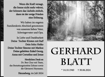 Traueranzeige von Gerhard Blatt von Südthüringer Presse