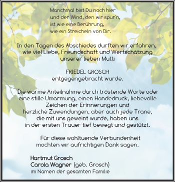 Traueranzeige von Friedel Grosch von Südthüringer Presse