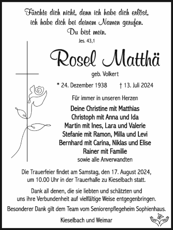Traueranzeige von Rosel Matthä von Südthüringer Presse