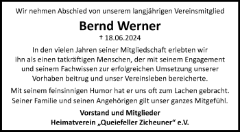 Traueranzeige von Bernd Werner von Südthüringer Presse