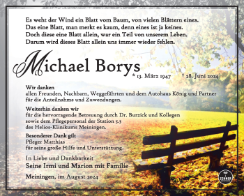 Traueranzeige von Michael Borys von Südthüringer Presse