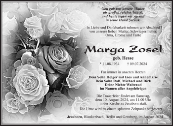 Traueranzeige von Marga Zosel von Südthüringer Presse