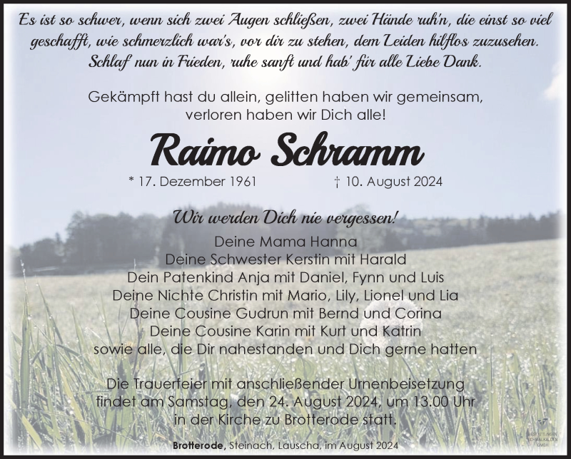  Traueranzeige für Raimo Schramm vom 21.08.2024 aus Südthüringer Presse