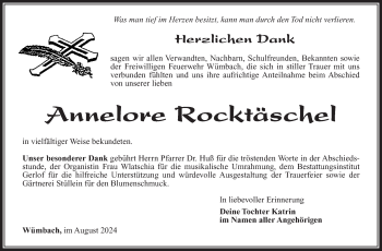 Traueranzeige von Annelore Rocktäschel von Südthüringer Presse
