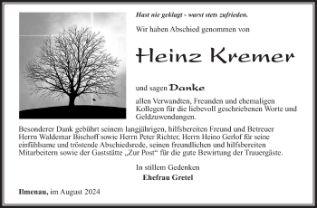 Traueranzeige von Heinz Kremer von Südthüringer Presse