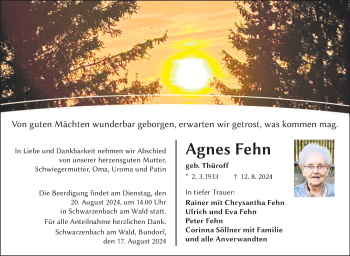 Traueranzeige von Agnes Fehn von Frankenpost