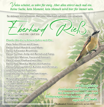 Traueranzeige von Eberhard Rieß von Südthüringer Presse