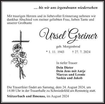 Traueranzeige von Ursel Greiner von Südthüringer Presse