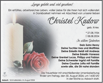 Traueranzeige von Christel Kadow von Südthüringer Presse