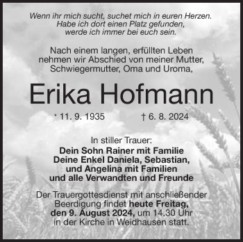 Traueranzeige von Erika Hofmann von Neue Presse Coburg