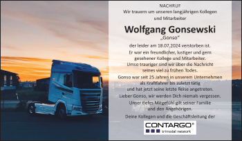 Traueranzeige von Wolfgang Gonsewski von Frankenpost
