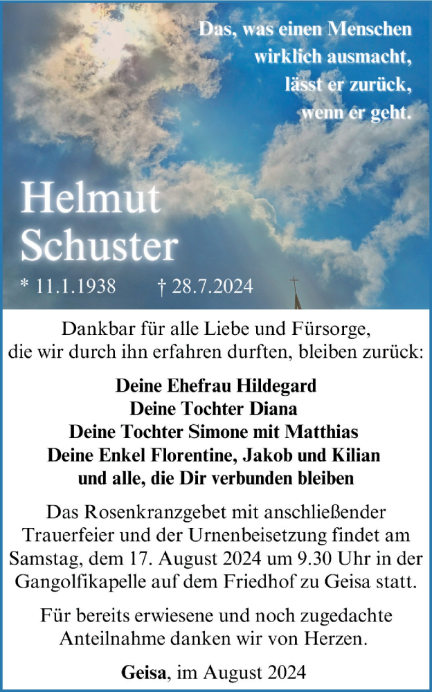  Traueranzeige für Helmut Schuster vom 13.08.2024 aus Südthüringer Presse