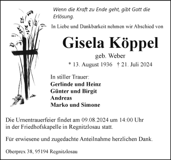 Traueranzeige von Gisela Köppel von Frankenpost