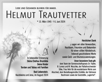 Traueranzeige von Helmut Trautvetter von Südthüringer Presse