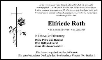 Traueranzeige von Elfriede Roth von Frankenpost