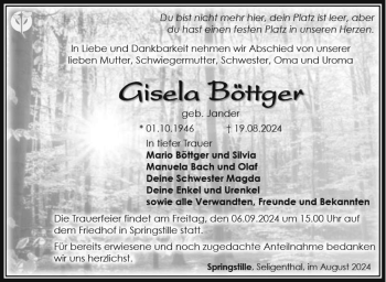 Traueranzeige von Gisela Böttger von Südthüringer Presse