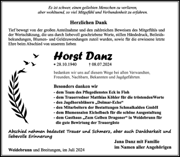 Traueranzeige von Horst Danz von Südthüringer Presse