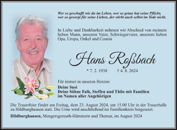 Traueranzeige von Hans Roßbach von Südthüringer Presse