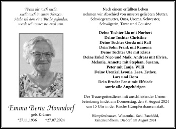 Traueranzeige von Emma Berta Honndorf von Südthüringer Presse