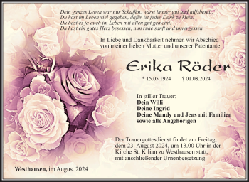 Traueranzeige von Erika Röder von Südthüringer Presse