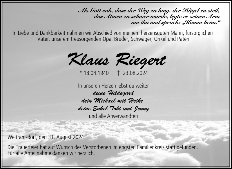  Traueranzeige für Klaus Riegert vom 31.08.2024 aus Neue Presse Coburg