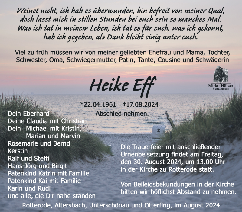  Traueranzeige für Heike Eff vom 24.08.2024 aus Südthüringer Presse