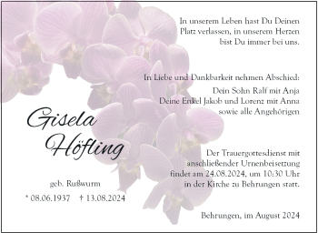 Traueranzeige von Gisela Höfling von Südthüringer Presse