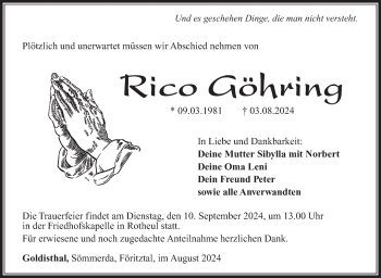 Traueranzeige von Rico Göhring von Südthüringer Presse