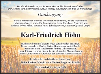 Traueranzeige von Karl-Friedrich Höhn von Südthüringer Presse