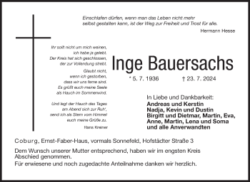 Traueranzeige von Inge Bauersachs von Neue Presse Coburg
