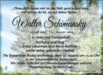 Traueranzeige von Walter Schimansky von Südthüringer Presse