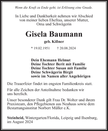 Traueranzeige von Gisela Baumann von Südthüringer Presse