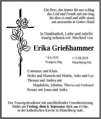 Traueranzeige von Erika Grießhammer von Frankenpost