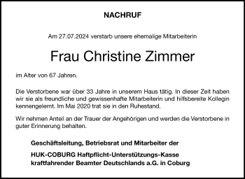 Traueranzeige von Christine Zimmer von Neue Presse Coburg