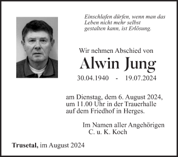 Traueranzeige von Alwin Jung von Südthüringer Presse
