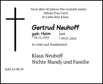 Traueranzeige von Gertrud Neuhoff von Südthüringer Presse