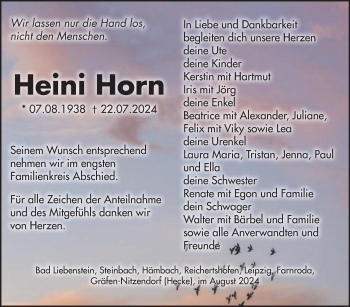 Traueranzeige von Heini Horn von Südthüringer Presse