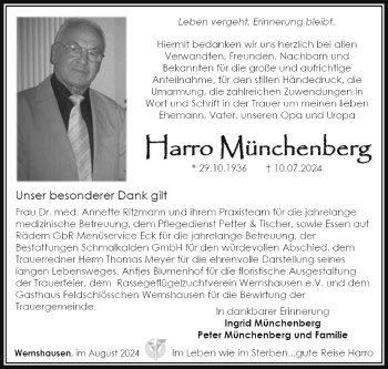 Traueranzeige von Harro Münchenberg von Südthüringer Presse