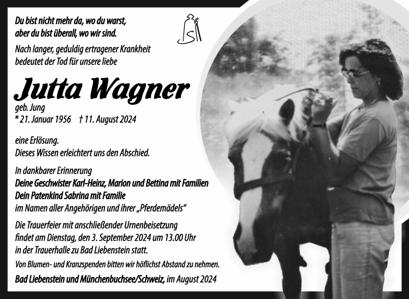  Traueranzeige für Jutta Wagner vom 31.08.2024 aus Südthüringer Presse