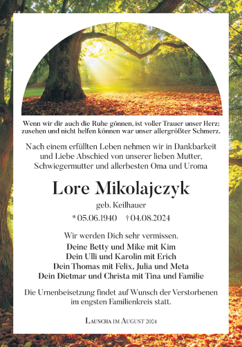 Traueranzeige von Lore Mikolajczyk von Südthüringer Presse