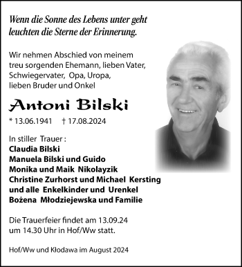 Traueranzeige von Antoni Bilski von Südthüringer Presse