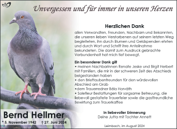 Traueranzeige von Bernd Hellmer von Südthüringer Presse