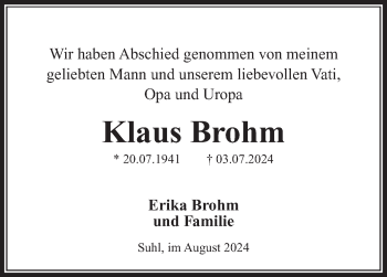 Traueranzeige von Klaus Brohm von Südthüringer Presse