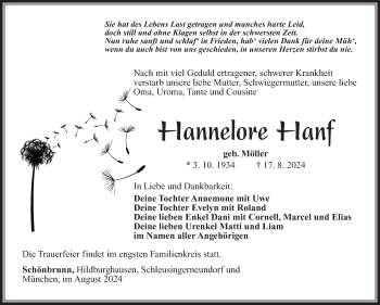 Traueranzeige von Hannelore Hanf von Südthüringer Presse
