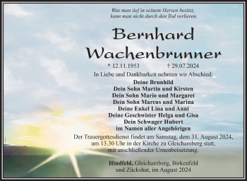 Traueranzeige von Bernhard Wachtenbrunner von Südthüringer Presse