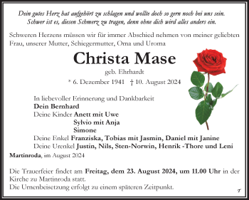 Traueranzeige von Christa Mase von Südthüringer Presse
