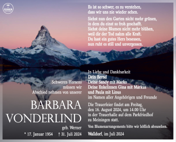 Traueranzeige von Barbara Vonderlind von Südthüringer Presse