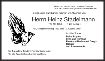 Traueranzeige von Heinz Stadelmann von Frankenpost