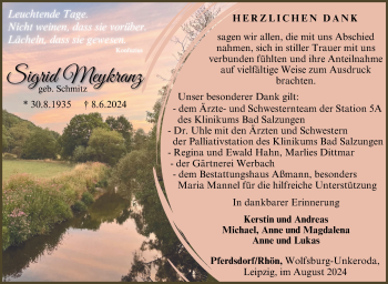 Traueranzeige von Sigrid Meykranz von Südthüringer Presse